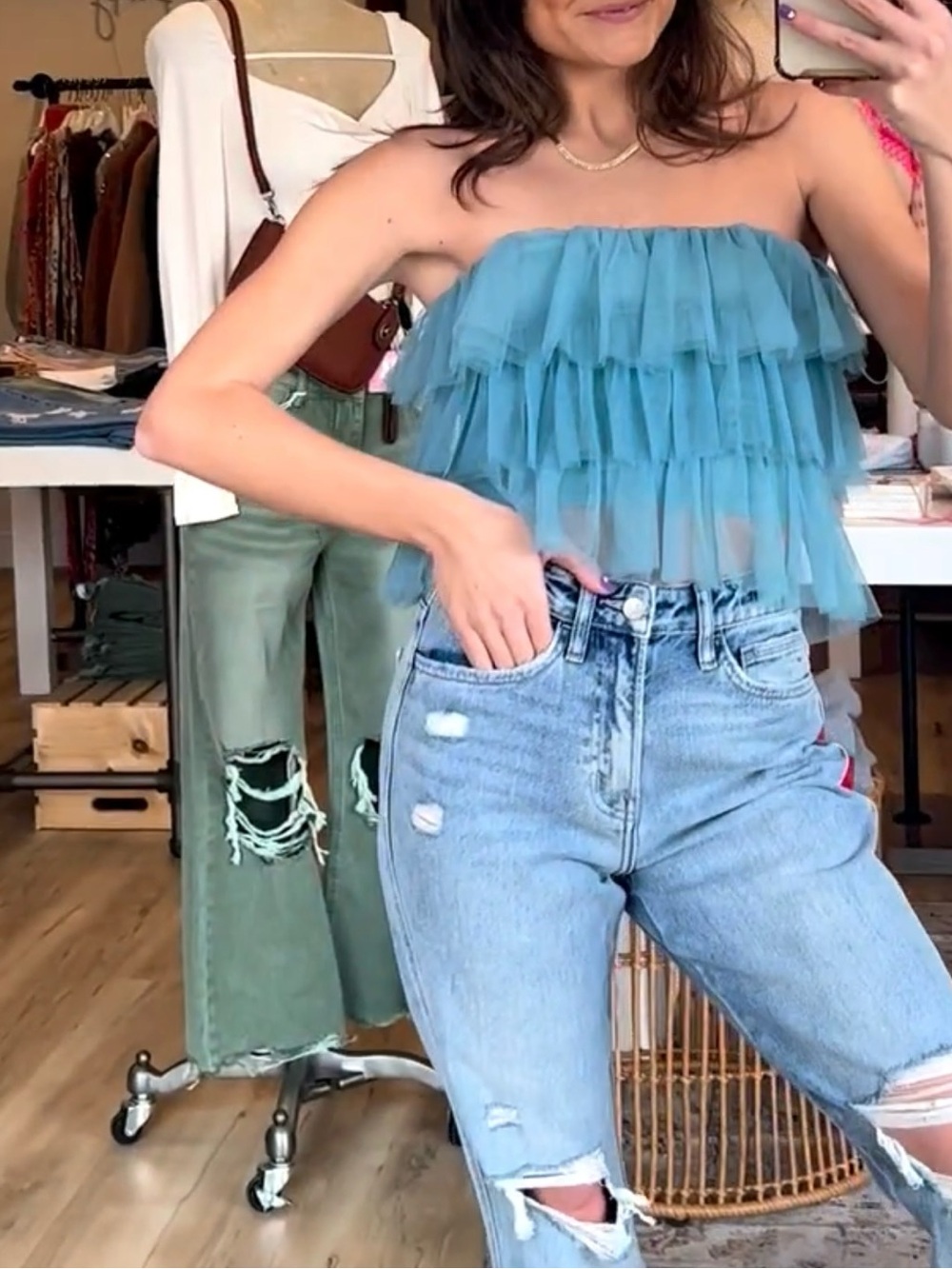 Le Lis Tiered Ruffle Tube Top - Light Blue